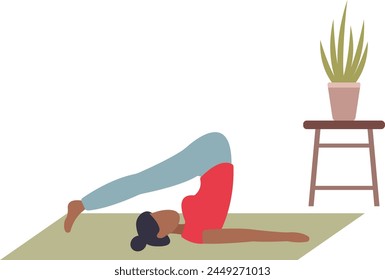 stretch body in yoga poses . Cartoon character doing asana figures and positions on mat.pilates and sport workout.flat vector illustration.woman threw her legs over her head