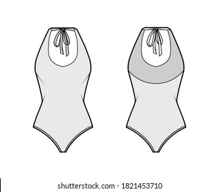 Stretch bodysuit technical fashion illustration with deep U-neckline, slim straps ties at scooped back. Flat outwear one-piece apparel template front, back grey color. Women men unisex swimsuit mockup