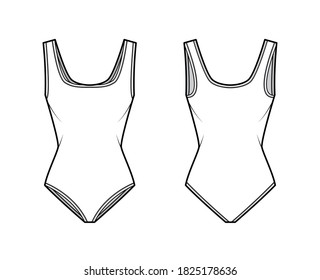 Stretch bodysuit technical fashion illustration with square neckline, wide straps, medium brief coverage. Flat outwear one-piece template front, back white color. Women men unisex swimsuit CAD mockup