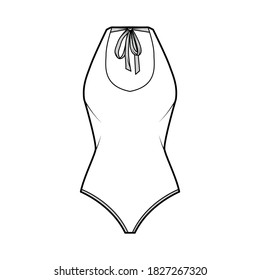 Stretch bodysuit technical fashion illustration with deep U-neckline, slim straps ties at scooped back. Flat outwear one-piece apparel template front, white color. Women men unisex swimsuit CAD mockup