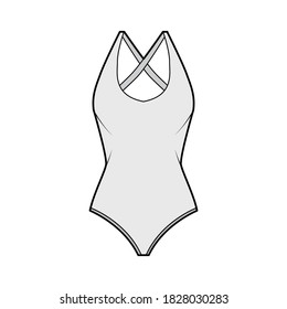 Stretch bodysuit technical fashion illustration with deep U-neckline, slim crisscross straps at scooped back. Flat outwear one-piece apparel template front, grey color. Women men unisex swimsuit CAD