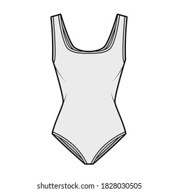 Stretch bodysuit technical fashion illustration with square neckline, wide straps, medium brief coverage. Flat outwear one-piece apparel template front grey color. Women men unisex swimsuit CAD mockup