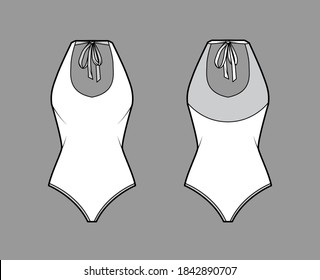 Stretch bodysuit technical fashion illustration with deep U-neckline, slim straps ties at scooped back. Flat outwear one-piece apparel template front, back white color. Women men unisex swimsuit CAD