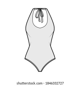 Stretch bodysuit technical fashion illustration with deep U-neckline, slim straps ties at scooped back. Flat outwear one-piece apparel template front, grey color. Women men unisex swimsuit CAD mockup