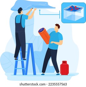 Stretch ceiling construction, worker in room vector illustration. Professional work tool, building house, isolated on white.