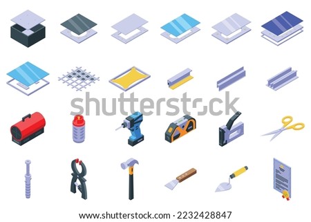 Stretch ceiling icons set isometric vector. Energy house. House livingroom