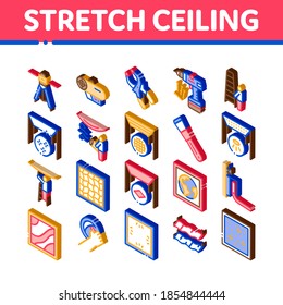 Stretch Ceiling Tile Icons Set Vector. Isometric Ceiling Material And Photo Layer, Laser And Heating Equipment, Screwdriver And Ladder Illustrations