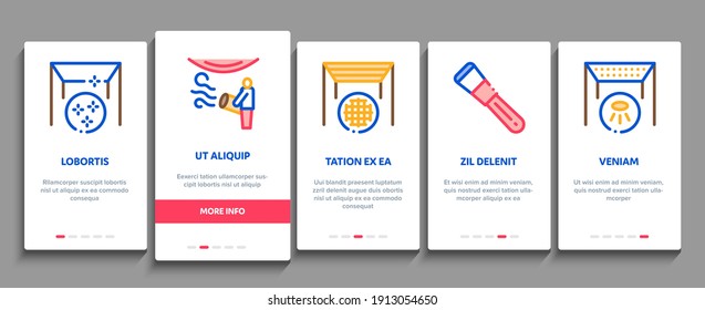 Stretch Ceiling Tile Onboarding Mobile App Page Screen Vector. Ceiling Material And Photo Layer, Laser And Heating Equipment, Screwdriver And Ladder Illustrations