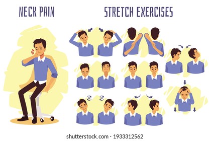 Stretch exercises to relieve and prevent neck pain, flat vector illustration isolated on white background. Infographic or banner with stretching for neck muscles.