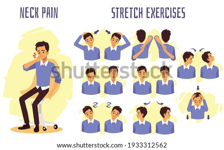 Stretch exercises to relieve and prevent neck pain, flat vector illustration isolated on white background. Infographic or banner with stretching for neck muscles.