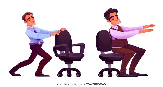 Stretch exercises at work - office employee doing chair based fitness movements. Man performs mobility training using furniture to maintain physical activity during desk job. Workplace wellness