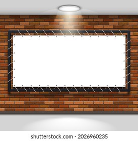 Stretch fabric banner in a metal frame on a brick wall illuminated by a ceiling lamp. Mockup with empty white ad banner or billboard template for advertising. Vector Illustration