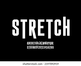 Stretch font, narrow alphabet, modern letters and numbers, for your designs: logo, movie banner, cinema poster, header, title, vector illustration 10EPS