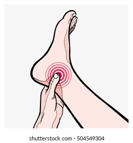 Stretch out one's hand to touch the foot because have ankle pain. Drawn by hand. Vector medical scenes.