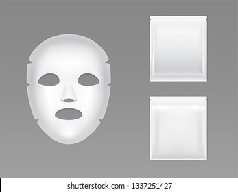 Stretch sheet face mask in blank white sealed plastic pouch 3d realistic vector isolated on grey background. Skincare cosmetics product packaging mockup. Hydrating and moisturizing serum with napkin