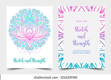 Stretch And Strength. Yoga Card Design. Colorful Template For Spiritual Retreat Or Yoga Studio. Ornamental Business Cards, Oriental Pattern. Vector Illustration