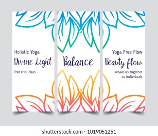 Stretch and Strength. Yoga card design. Colorful template for spiritual retreat or yoga studio. Ornamental business cards, oriental pattern. Vector illustration