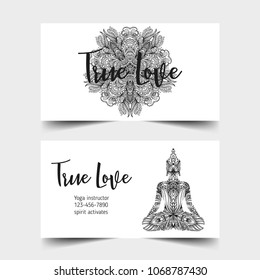 Stretch and Strength. Yoga card design template. Black and white banner for spiritual retreat or yoga studio. Ornamental business cards, oriental pattern. Vector illustration isolated.