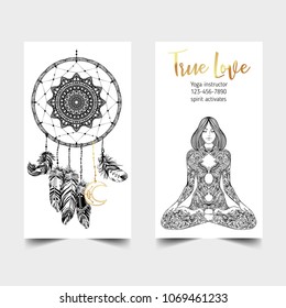 Stretch and Strength. Yoga card design template. Black and white banner for spiritual retreat or yoga studio. Ornamental business cards, oriental pattern. Vector illustration isolated.