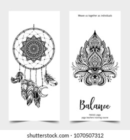 Stretch and Strength. Yoga card design template. Black and white banner for spiritual retreat or yoga studio. Ornamental business cards, oriental pattern. Vector illustration isolated.