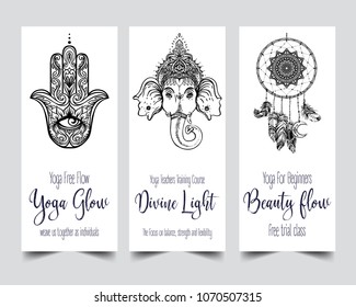 Stretch and Strength. Yoga card design template. Black and white banner for spiritual retreat or yoga studio. Ornamental business cards, oriental pattern. Vector illustration isolated.