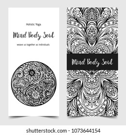 Stretch and Strength. Yoga card design template. Black and white banner for spiritual retreat or yoga studio. Ornamental business cards, oriental pattern. Vector illustration isolated.