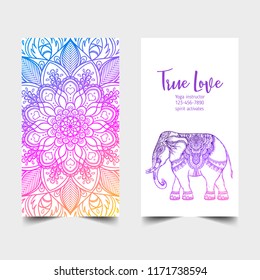 Stretch and Strength. Yoga card design. Colorful template for spiritual retreat or yoga studio. Ornamental business cards, oriental pattern. Vector illustration.