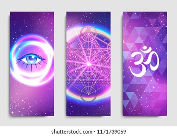Stretch and Strength. Yoga card design. Colorful template for spiritual retreat or yoga studio. Ornamental business cards, oriental pattern. Vector illustration.
