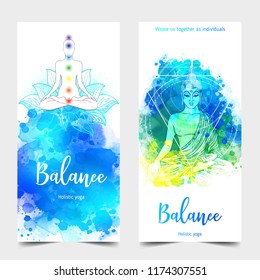 Stretch and Strength. Yoga card design. Colorful template for spiritual retreat or yoga studio. Ornamental business cards, oriental pattern. Vector illustration.