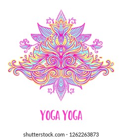 Stretch and Strength. Yoga card design. Colorful template for spiritual retreat or yoga studio. Ornamental business cards, oriental pattern. Vector illustration