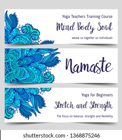 Stretch and Strength. Yoga card design. Colorful template for spiritual retreat or yoga studio. Ornamental business cards, oriental pattern. Vector illustration
