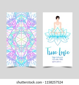 Stretch and Strength. Yoga card, flyer, poster, mat design. Colorful template for spiritual retreat or yoga studio. Ornamental business cards, oriental pattern. Vector illustration