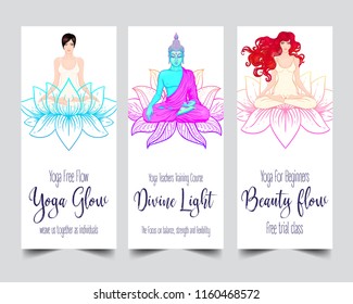 Stretch and Strength. Yoga card, flyer, poster, mat design. Colorful template for spiritual retreat or yoga studio. Ornamental business cards, oriental pattern. Vector illustration