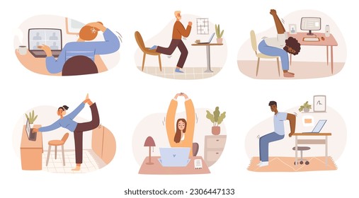 Stretch at workplace, people doing small exercises at work to get rest and relaxation. Vector man and woman removing tension. Employees working from home or office cartoon characters