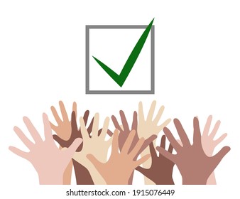 Stationierte Arme verschiedener Nationalitäten mit Auswahl auf der Liste. Demokratische Abstimmung. Die Völker entscheiden sich. Für alle stimmen. Vektorelement für Karten, Vorlagen, Banner und Ihre Kreativität.