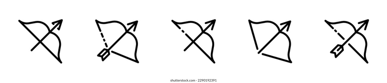 Stretched bow icon collection. Vector bow and arrow icons. Long bow and arrow symbols. EPS 10