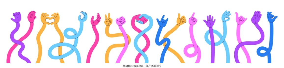 Stretched cartoon hands. Flexible human hand, long arm showing different gestures. Bright comic curved arms, handshake, love symbol, neoteric vector set