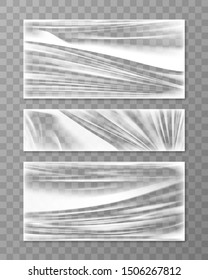 Stretched cellophane banner, realistic crumpled or folded texture vector illustration. Clear transparent polyethylene top of plastic container, tape or elastic wrapping paper for food or snacks bag