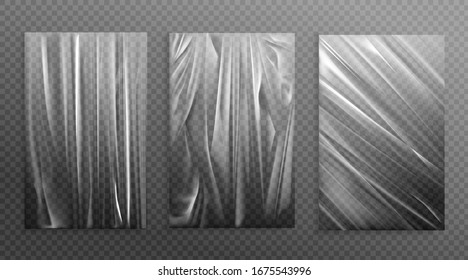 Stretched Cellophane Banner, Realistic Crumpled Or Folded Texture Vector Illustration. Clear Transparent Polyethylene Top Of Plastic Container, Tape Or Elastic Wrapping Paper For Food Or Snacks Bag