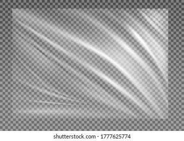 Stretched cellophane banner, realistic crumpled or folded texture vector illustration. Clear transparent polyethylene top of plastic container, tape or elastic wrapping paper.