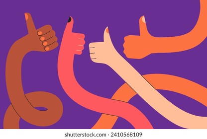 Stretched, flexible long diverse hands. Thumb up. Like. Boneless elastic arms. Set of funny cartoon character hands. Cartoon style. Abstract vector illustration. Best choice, recommendation concept