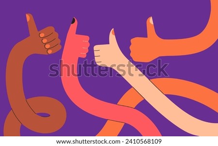 Stretched, flexible long diverse hands. Thumb up. Like. Boneless elastic arms. Set of funny cartoon character hands. Cartoon style. Abstract vector illustration. Best choice, recommendation concept