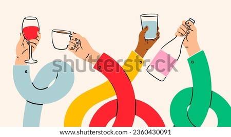 Stretched, flexible long hands hold various drinks. Wineglass, coffee cup, water, bottle. Boneless elastic arms. Cartoon style. Hand drawn Vector illustration. Isolated design templates