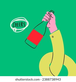 Stretched, flexible long human hand holding bottle of wine. Cheers text. Boneless elastic arm. Cartoon style. Hand drawn abstract trendy Vector illustration. Poster, card, print, design template