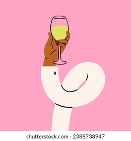 Stretched, flexible long human hand holding glass of white wine or champagne. Boneless elastic arm. Cartoon style. Hand drawn abstract trendy Vector illustration. Poster, card, print, design template