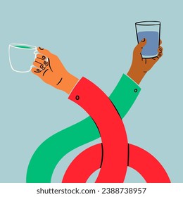 Stretched, flexible long human hands holding coffee cup and glass of water. Boneless elastic arms. Cartoon style. Hand drawn abstract trendy Vector illustration. Poster, card, print, design template