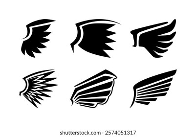 Stretched to fly wings of angelic creature or bird. Vector isolated set of stretched plumage logos, sketch monochrome outline of angel or devil part. Flight or stylized decoration for design