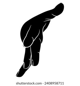 Stretched forward human hand with open fingers in dynamic greeting or reaching gesture. Cartoon style. Black and white silhouette. Front view. 