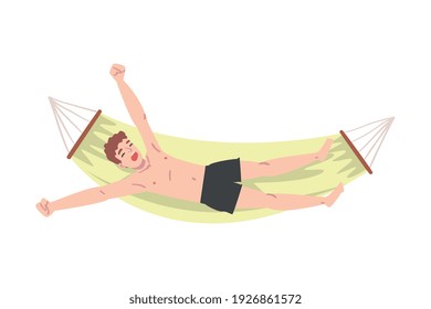 Stretched Man Character Lying in Hammock and Yawning Vector Illustration