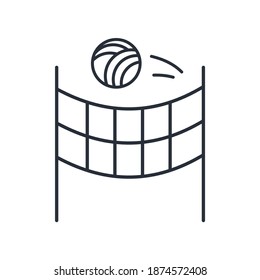 A stretched net and a flying ball. Playground. Game sports entertainment, volleyball, tennis. Vector linear icon isolated on white background.